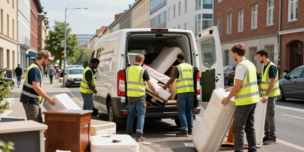 Sperrmüllabholung 80 Euro Berlin team efficiently removing furniture, highlighting fast and reliable waste disposal in urban environment.