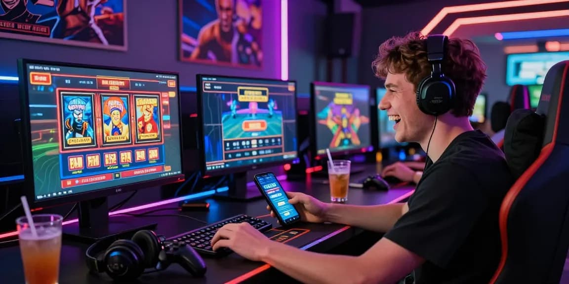 Engaging young adult at gaming setup highlighting hero138 link for online betting access amidst vibrant ambiance.