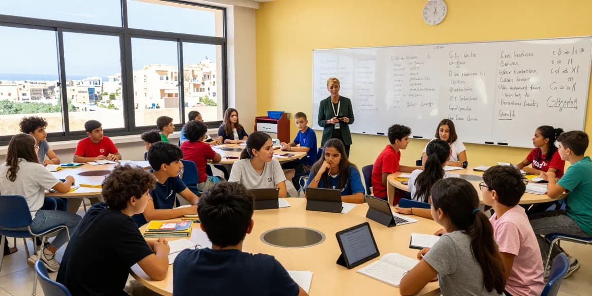 Cursos de inglés en Malta con estudiantes participando activamente en lecciones dinámicas, mostrando un ambiente de aula vibrante.