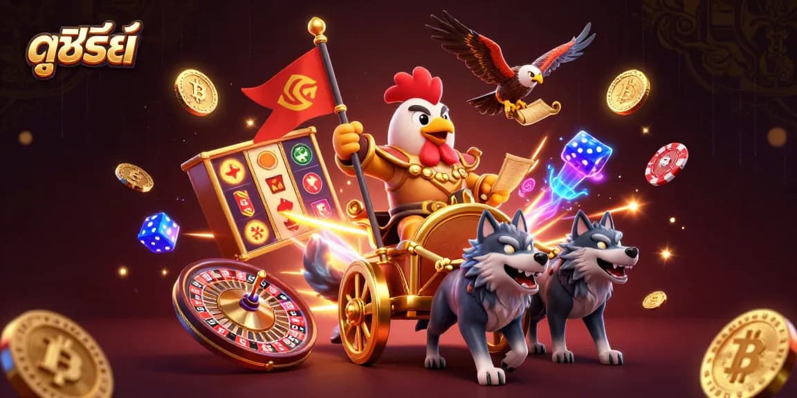 Engage in ดูซีรี่ย์ gaming as a rooster warlord commands victory with festive slot reels and poker chips