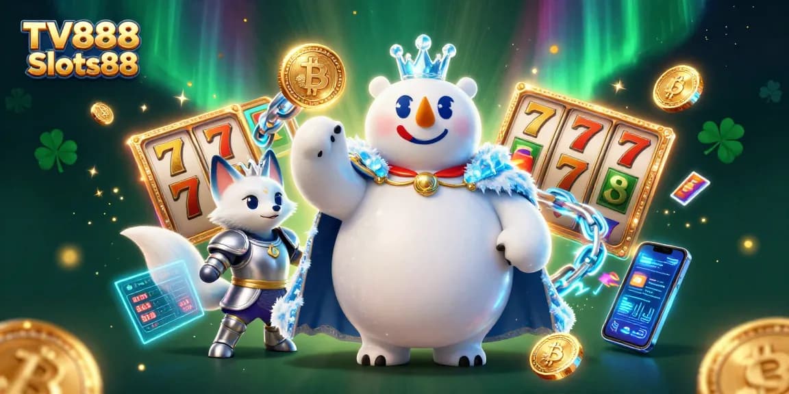 Play thrilling slot games with TV888 Slots88, featuring a regal ice king polar bear and vibrant jackpot elements.