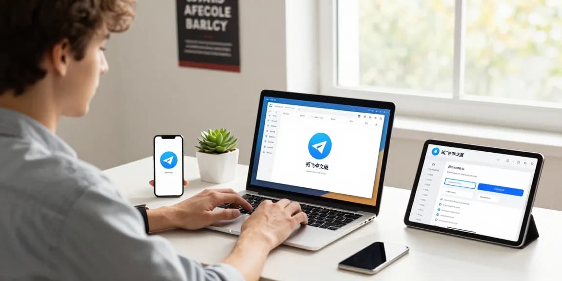 Young professional working at a desk with 纸飞机中文版 app displayed on multiple devices, bright workspace environment.