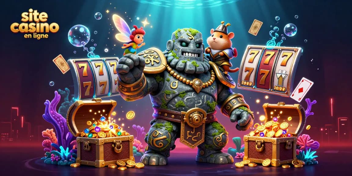 Un site casino en ligne vibrant avec un gardien golem vivant, une fée magique et un hamster chevalier dans un environnement dynamique.
