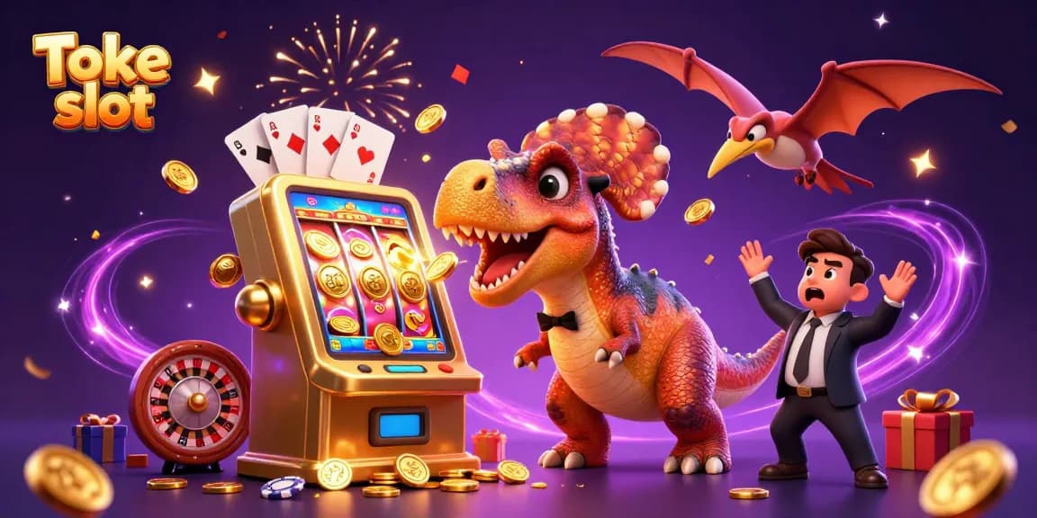 Toke slot scene with a pachycephalosaurus winning jackpot coins and celebratory elements.