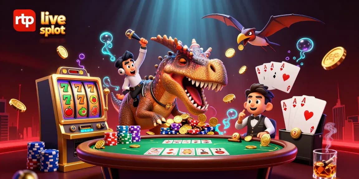 Experience thrilling rtp live slot action as dinosaurs collide with jackpot glory in this vibrant casino scene.