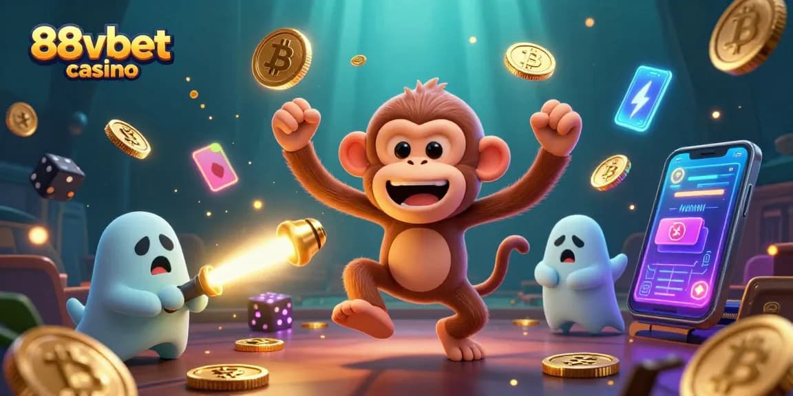Play at 88vbet casino as a mischievous poltergeist monkey juggles gold in a haunted setting.