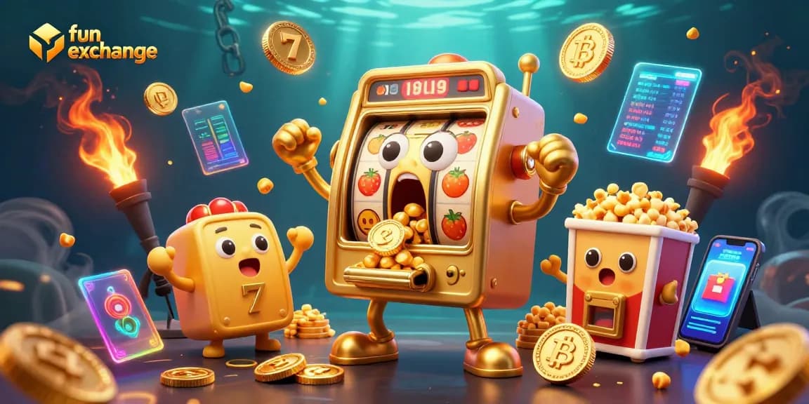 Spin to win at fun exchange with a vibrant slot machine scene featuring gold coins and cheering machines.