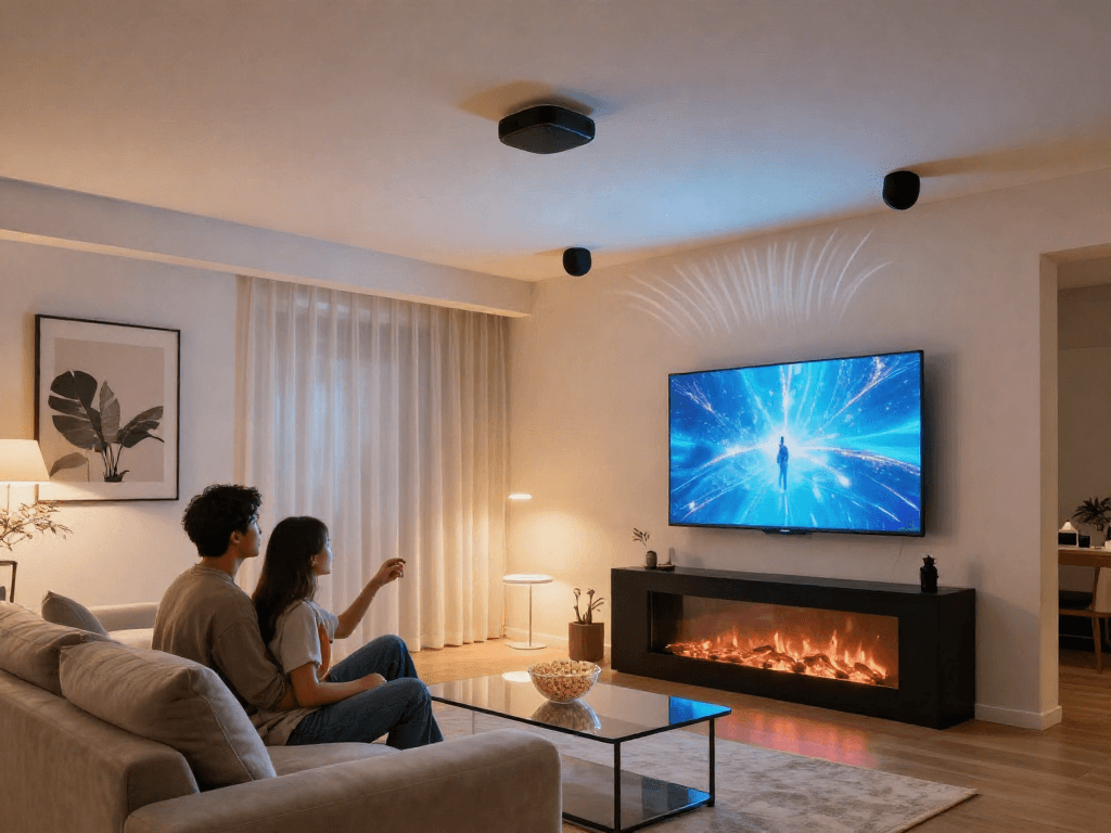 Cozy living room featuring اسپیکر سقفی providing an immersive audio experience during a movie night.
