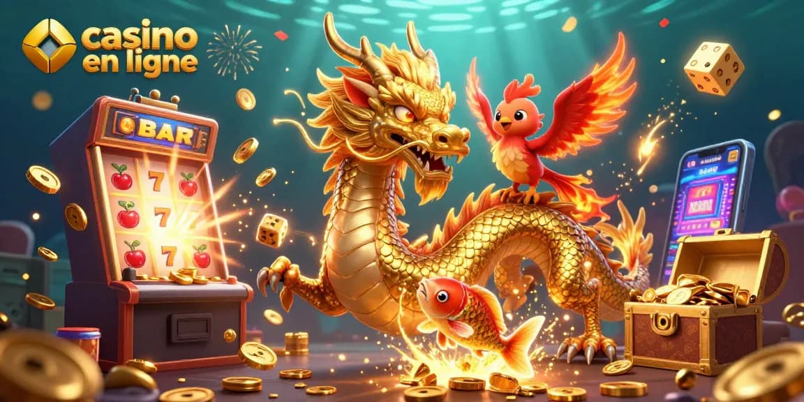 Découvrez l'excitation du casino en ligne avec des dragons, des pièces vibrantes et des éléments de jeu dynamiques.