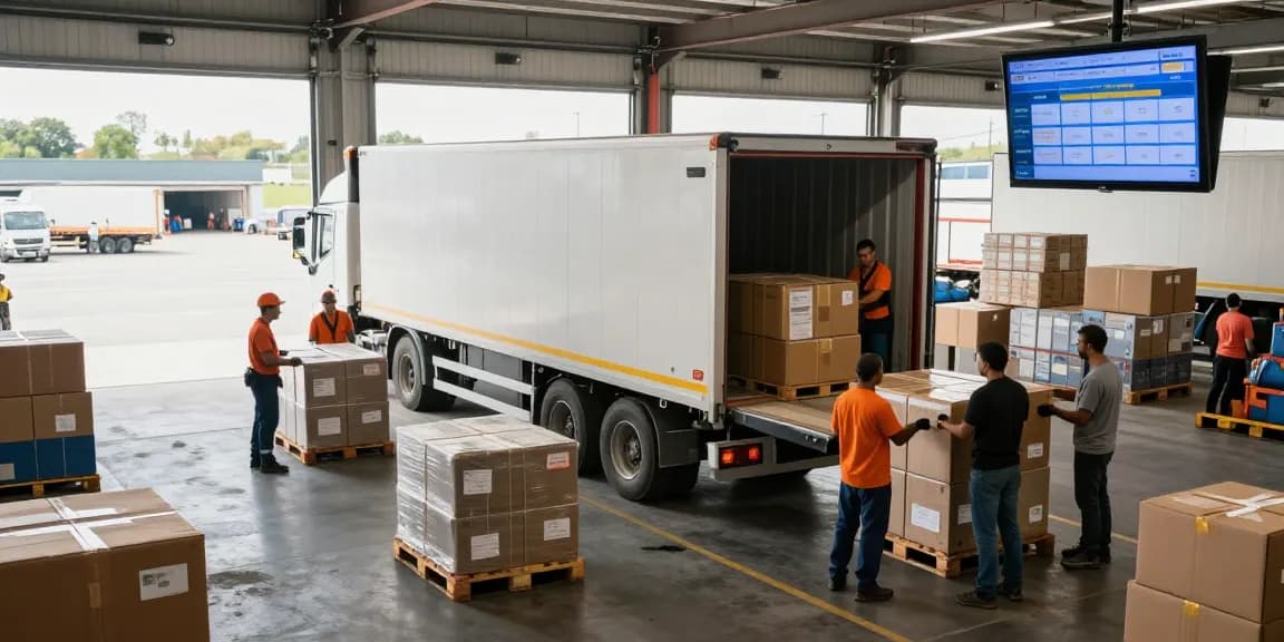 Effiziente LKW-Spedition Dortmund am Ladebereich mit aktiven Arbeitern und Transportfahrzeugen.