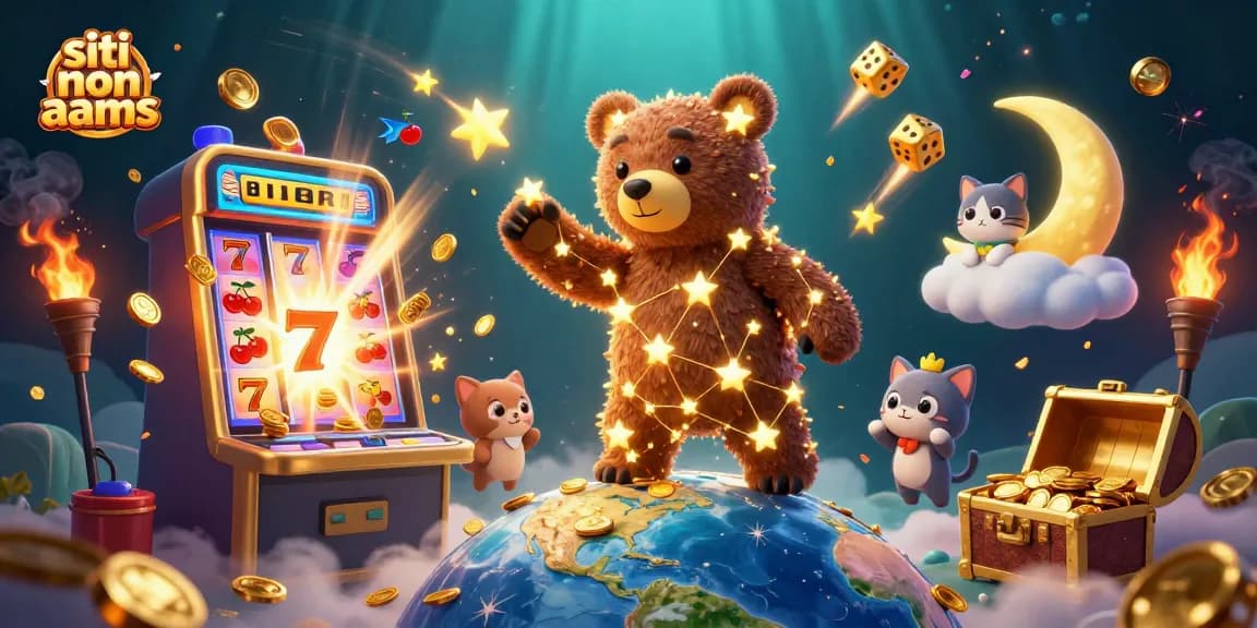 Scopri i siti non AAMS con un'illustrazione vivace di un orso costellato e simboli del casinò.