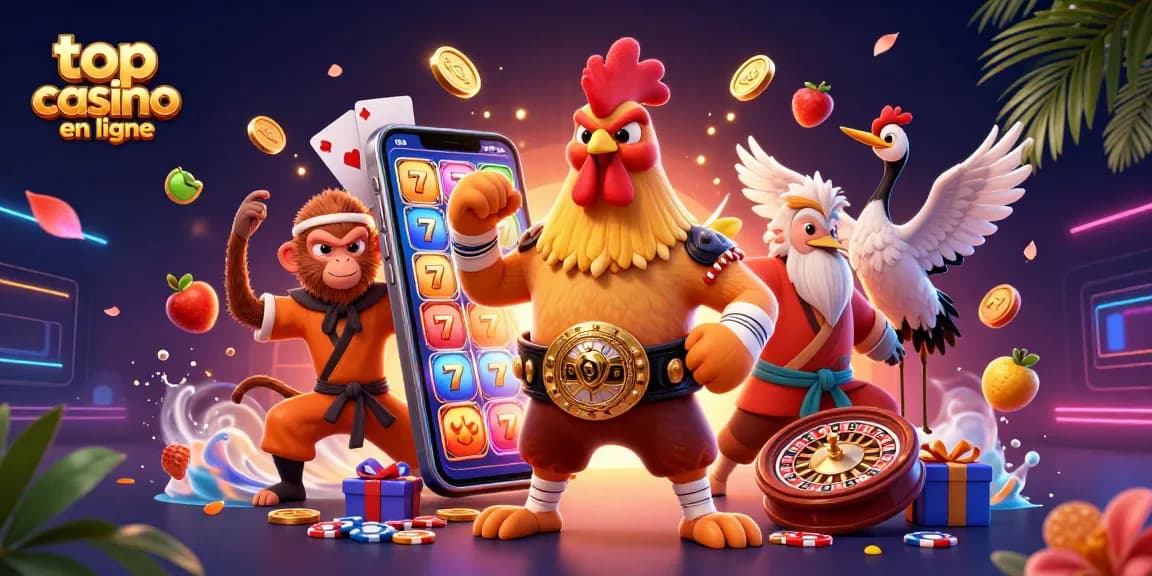 Vibrez avec "top casino en ligne" grâce à une illustration dynamique de casino 3D, remplie de jeux et de personnages.