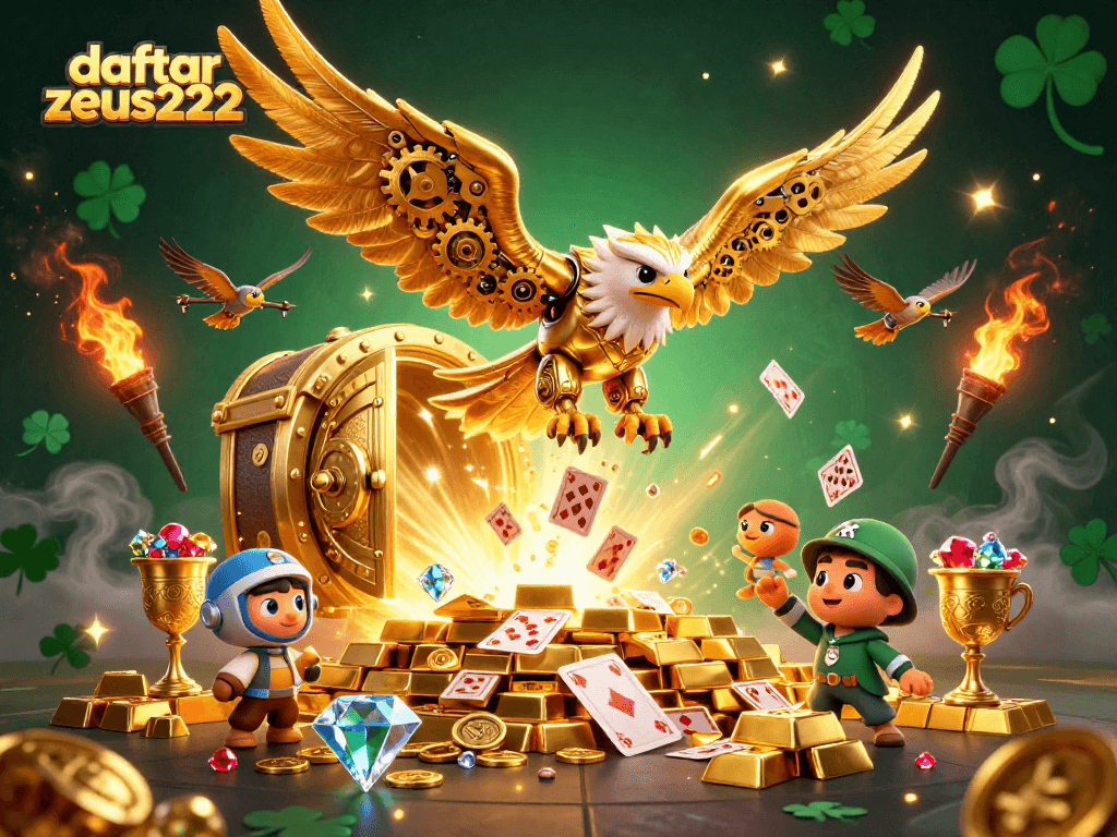 Engage with daftar zeus222 through an exciting scene of a golden eagle navigating playing cards amid treasure and gems.