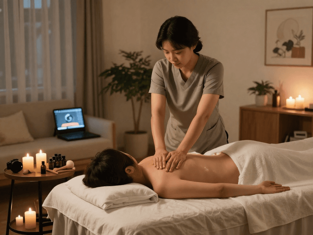 Relaxing 성남출장 massage therapy scene in a modern home setting, showcasing a therapist and client in calming atmosphere.