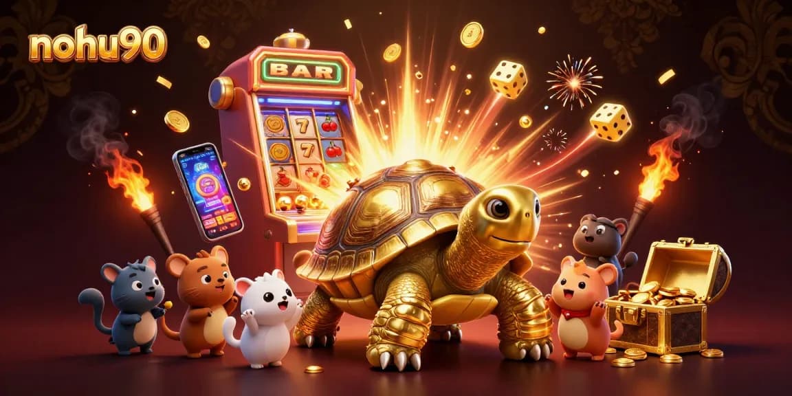 Engage with nohu90 in an exhilarating casino scene featuring a golden tortoise pinball machine and bursting slot machine.