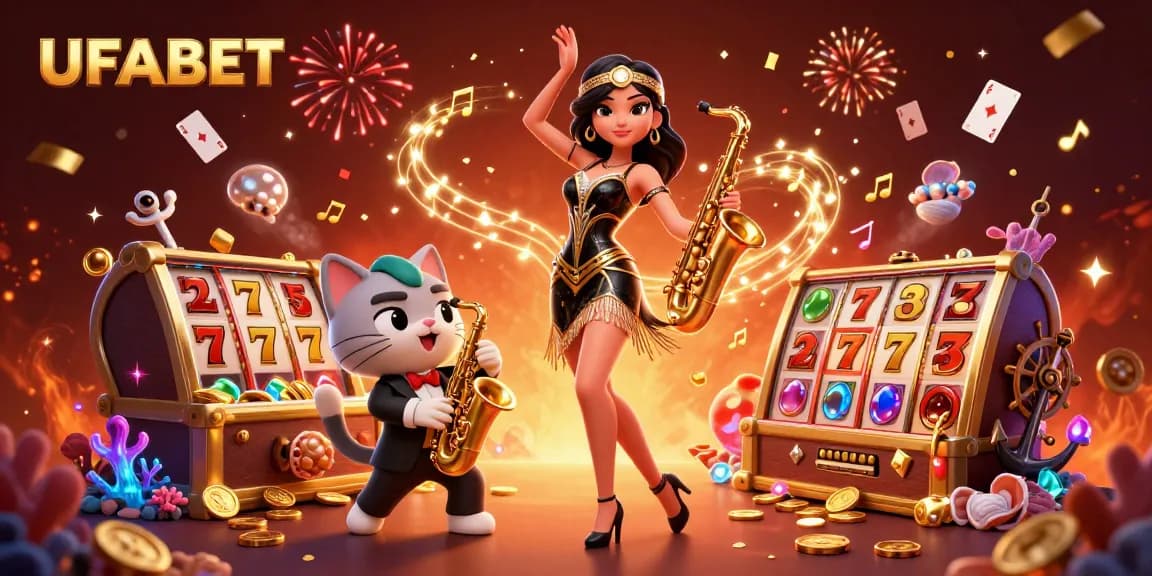 Spin the reels at UFABET with thrilling slots and musical characters in a vibrant casino scene.