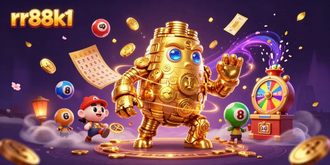 Experience the excitement of rr88k1 with vibrant lottery balls, spinning prizes, and a golden golem!