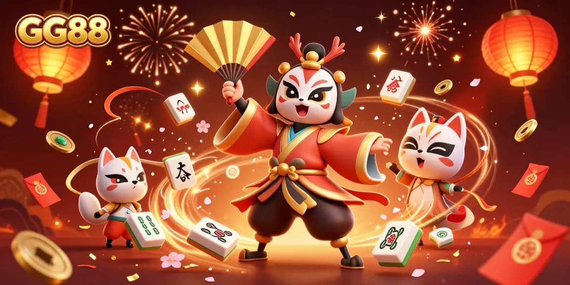 Experience exciting gameplay with GG88, as a kabuki warrior and kitsune mask characters come alive amid festive 3D casino elements.