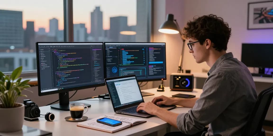 AI chatbot interface displayed on multiple computer screens in a vibrant tech workspace, highlighting coding and productivity.
