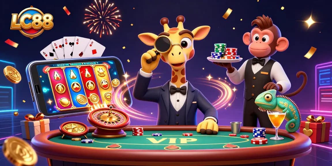 Experience the thrilling world of LC88 with vibrant casino characters, poker elements, and celebratory effects.