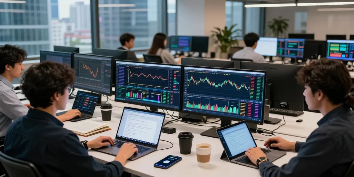 Cricbet99 users engaging in crypto trading and DeFi analysis in a modern co-working space