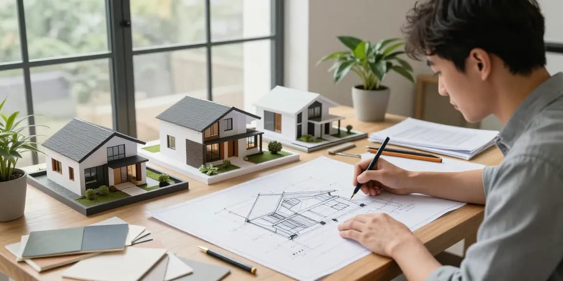 Architect working on house plans at a drafting table for สถาปนิก ออกแบบบ้าน.