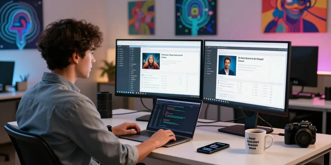 Data analyst using an ai image checker tool in a modern workspace.