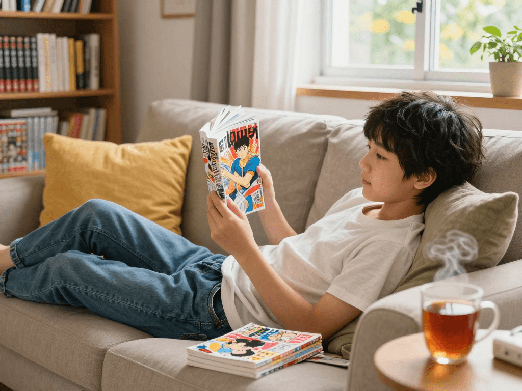 Enjoying an engaging manga experience with the latest Open Link titles in a cozy setting.