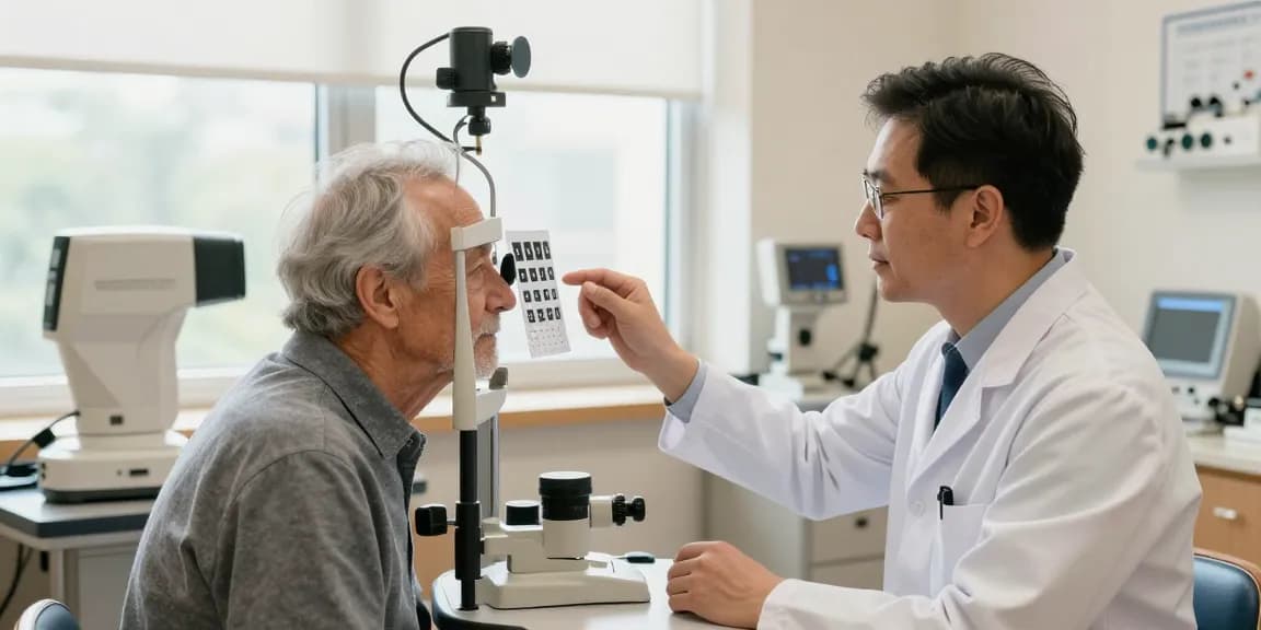 黄斑病變檢查 in a healthcare setting with an optometrist guiding a senior through a vision test.