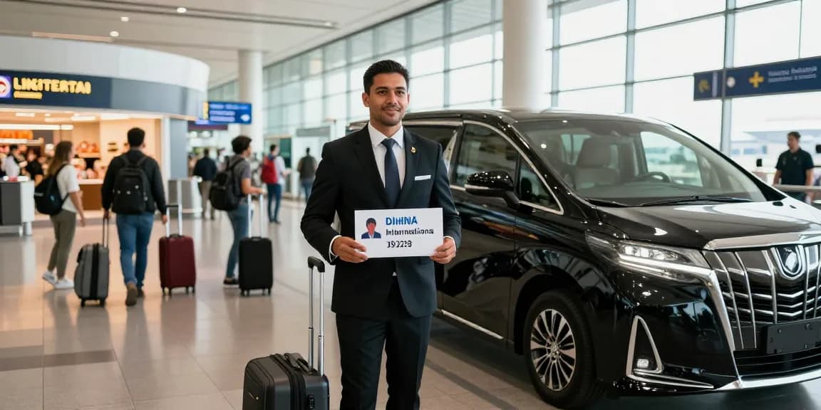 Airport chauffeur service at Dubai International, with a professional driver welcoming a passenger.