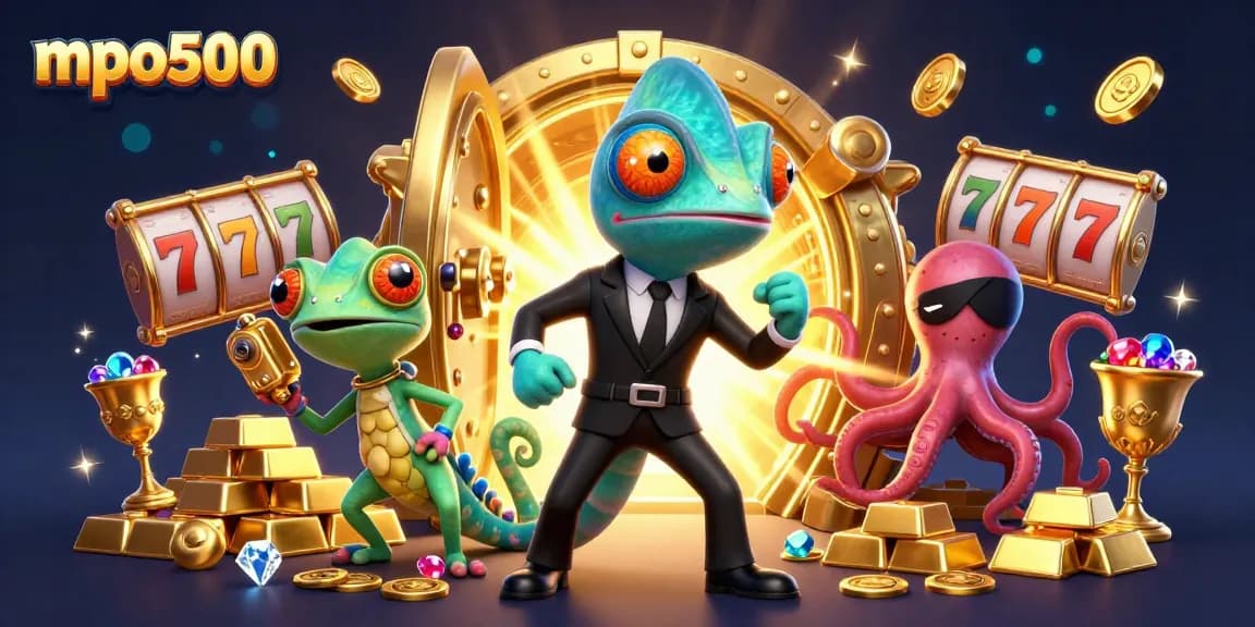 MPO500 showcases vibrant casino action with characters amidst treasures and slot reels.
