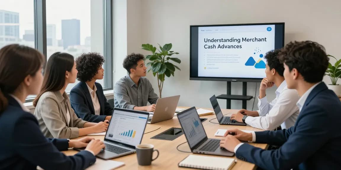 Business meeting discussing if merchant cash advance legit, with diverse team reviewing financial data.