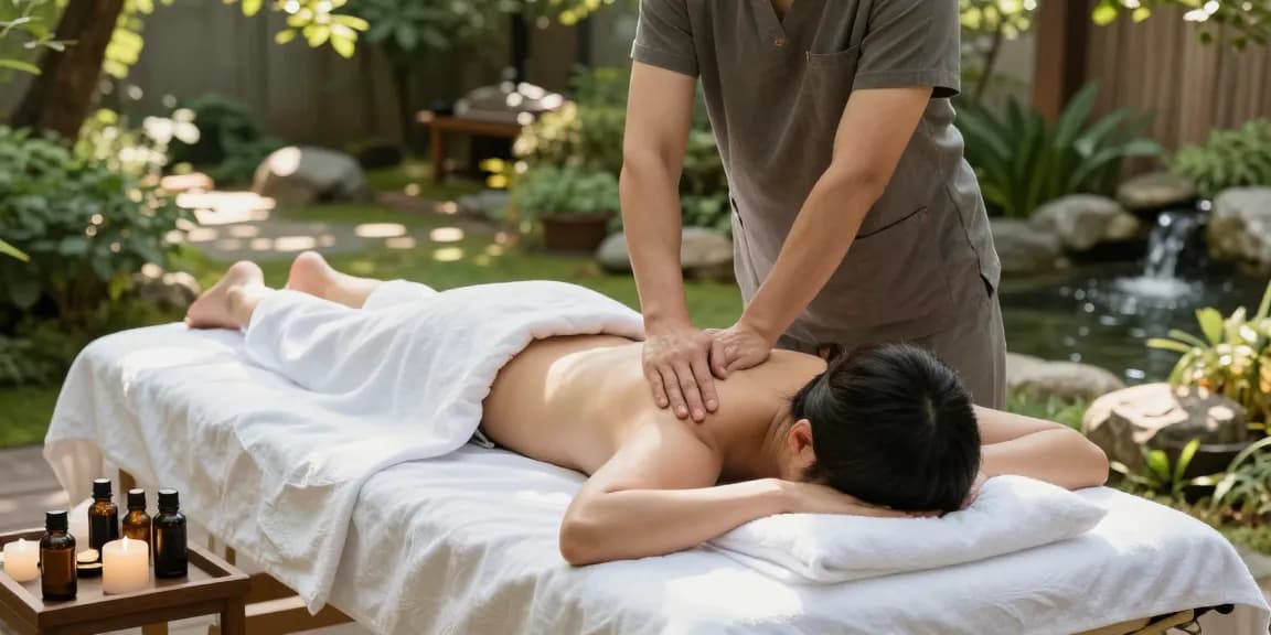 Experience a revitalizing 안양출장마사지 therapy session outdoors in a tranquil garden setting, showcasing expert techniques and peaceful surroundings.