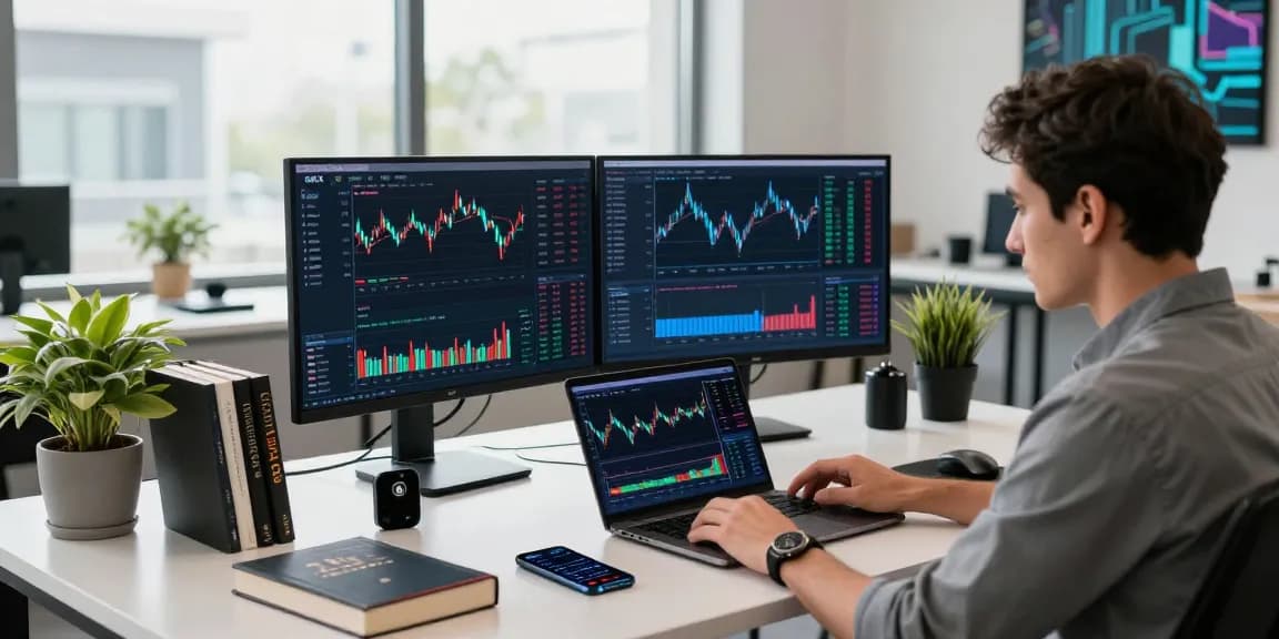 Analysis of cryptocurrency trends at OKX in Kazakhstan, showcasing trader engaged with data and technology in a modern workspace.