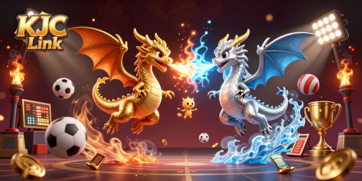 Engage with KJC Link in an immersive 3D casino adventure featuring intertwined dragons and dynamic sports elements.