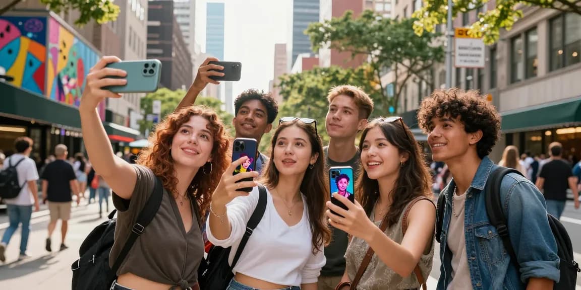 Friends discovering their celebrity look alikes using a mobile app on a sunny city street.