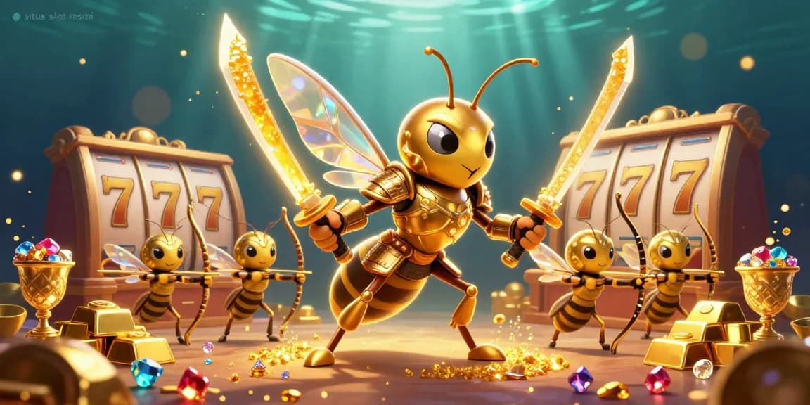 Spin slots at situs slot resmi with a golden hornet and treasure, enjoying secure online gaming.