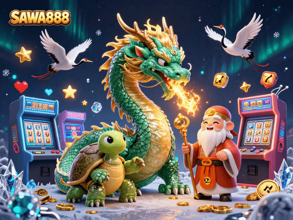 Experience thrilling gameplay with SAWA888’s vibrant slots and cartoon characters, an engaging casino atmosphere.