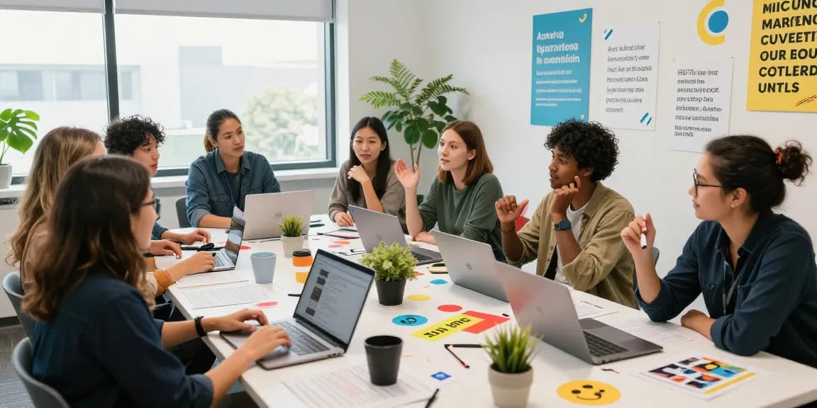 Elite Generations team collaborating creatively in a lively office setting.