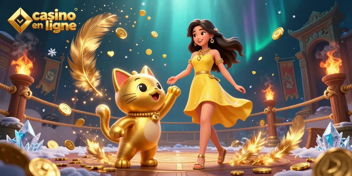 Participez à l'excitation du casino en ligne dans une ambiance joyeuse avec une belle femme interagissant avec une mascotte de chat porte-bonheur.