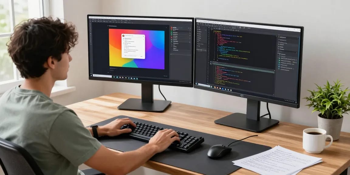 Developer using Snipaste software in a modern workspace with dual monitors and annotation tools.