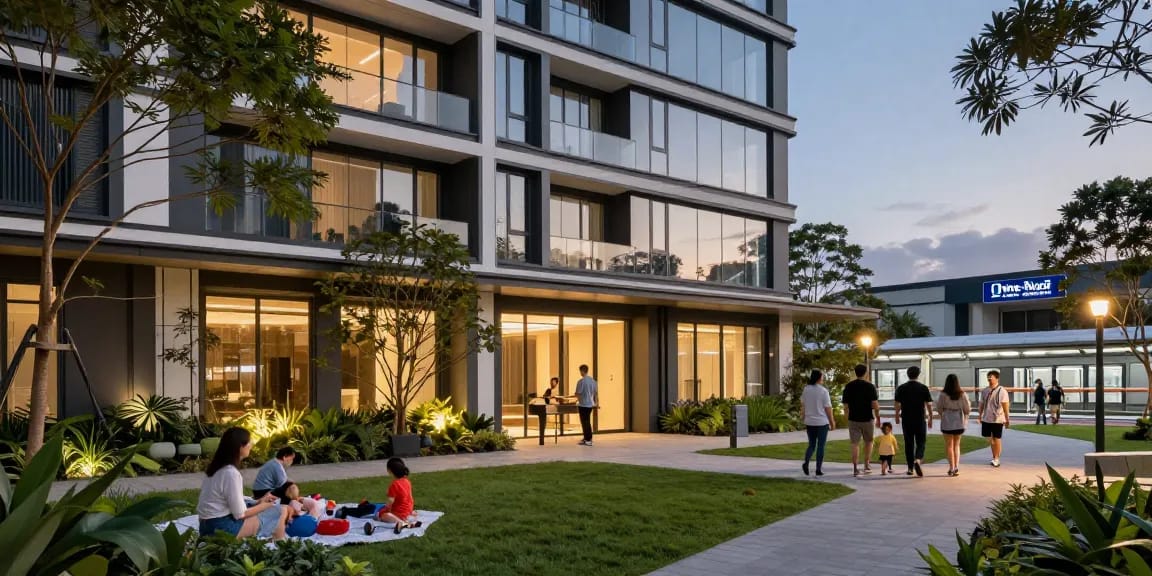 Dover Residences condominium presenting modern architecture and vibrant community atmosphere, showcasing family-friendly amenities.