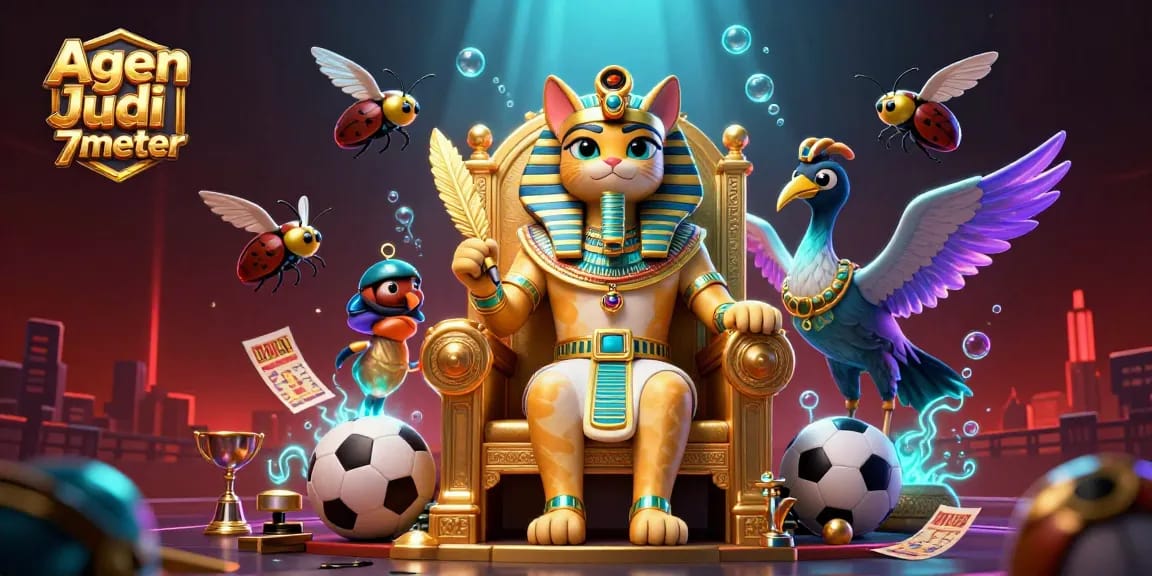 A dynamic illustration showcasing Agen Judi Bola 7meter, with sports betting elements, a pharaoh cat, and vibrant visuals.