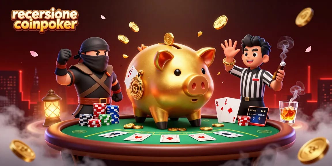 Recensione CoinPoker: illustrazione 3D di un sumo che distribuisce monete al tavolo da poker