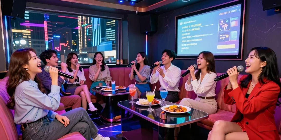 Friends enjoying 강남가라오케 night out with vibrant atmosphere and karaoke fun