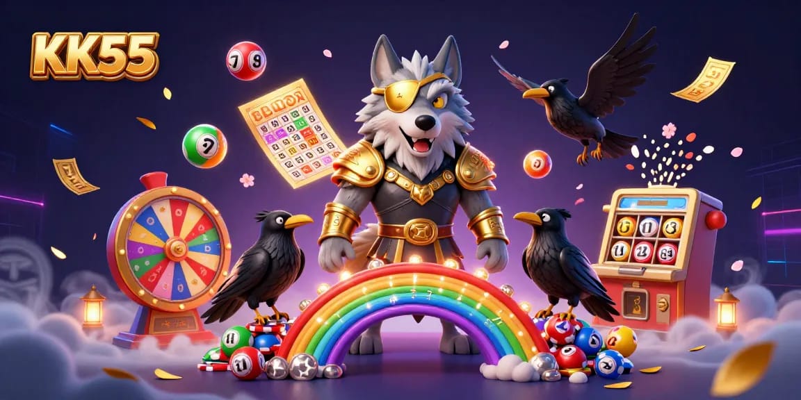 Experience thrilling gameplay at KK55 with a vibrant 3D scene full of casino elements and characters.