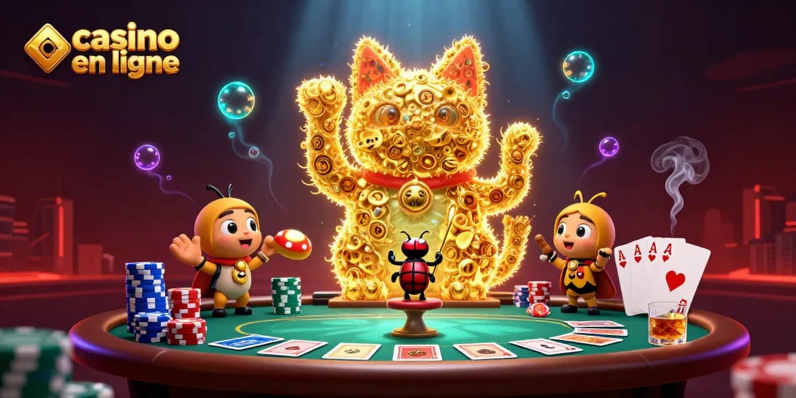 Joue au casino en ligne avec des feux follets dorés formant un chat porte-bonheur, entourés de jetons de poker.