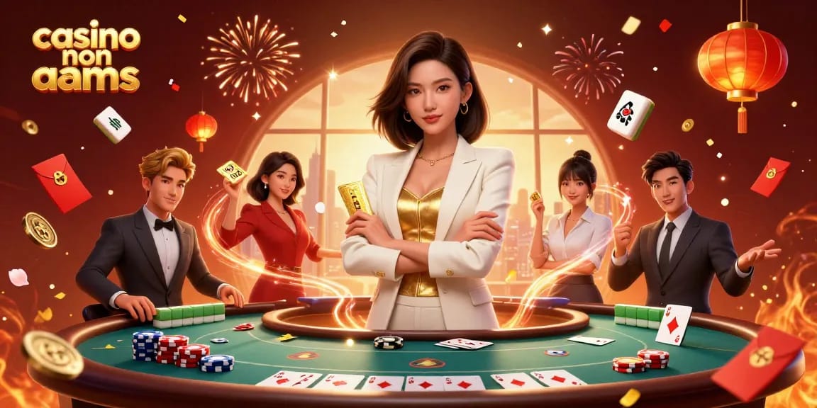 Scopri l'emozione del casinò non AAMS con una donna d'affari elegante che tiene in mano le carte, circondata da elementi di gioco festivi.