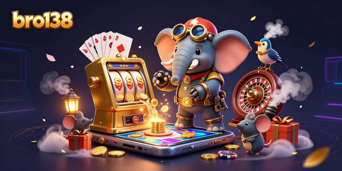 Experience bro138's premium slots with steampunk characters operating vibrant games and golden coins erupting.