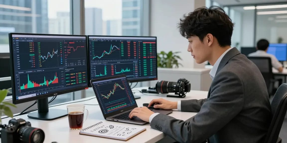 Young trader analyzing market trends on OKX crypto exchange in a modern office environment.